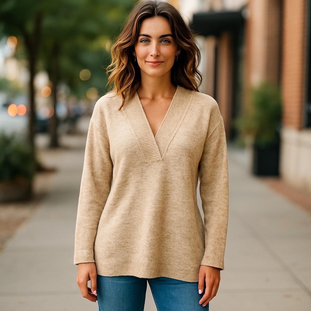 NWT RD Style Heathered Oatmeal V-neck Tunic Style Sweater - XS but oversized